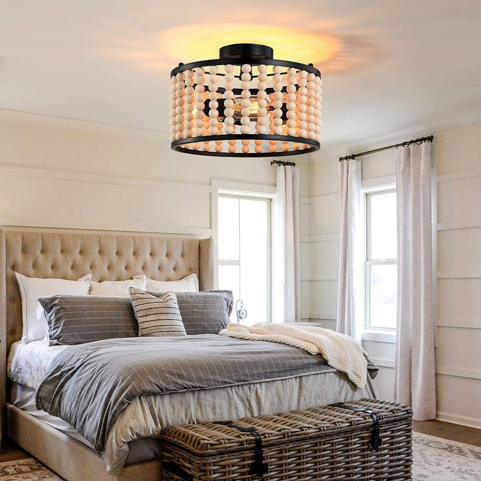 3 Light Wood Beads Ceiling Light Fixture, Farmhouse, Boho, Black