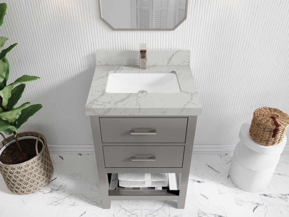 Parker 24" Single Sink Bath Vanity, Elephant Skin Gray 2" Venatino Quartz