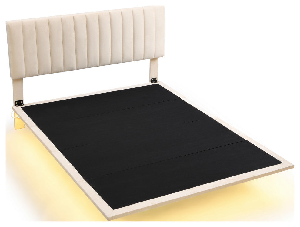 Gewnee Queen Size Upholstered Bed with Sensor Light and Headboard in Beige