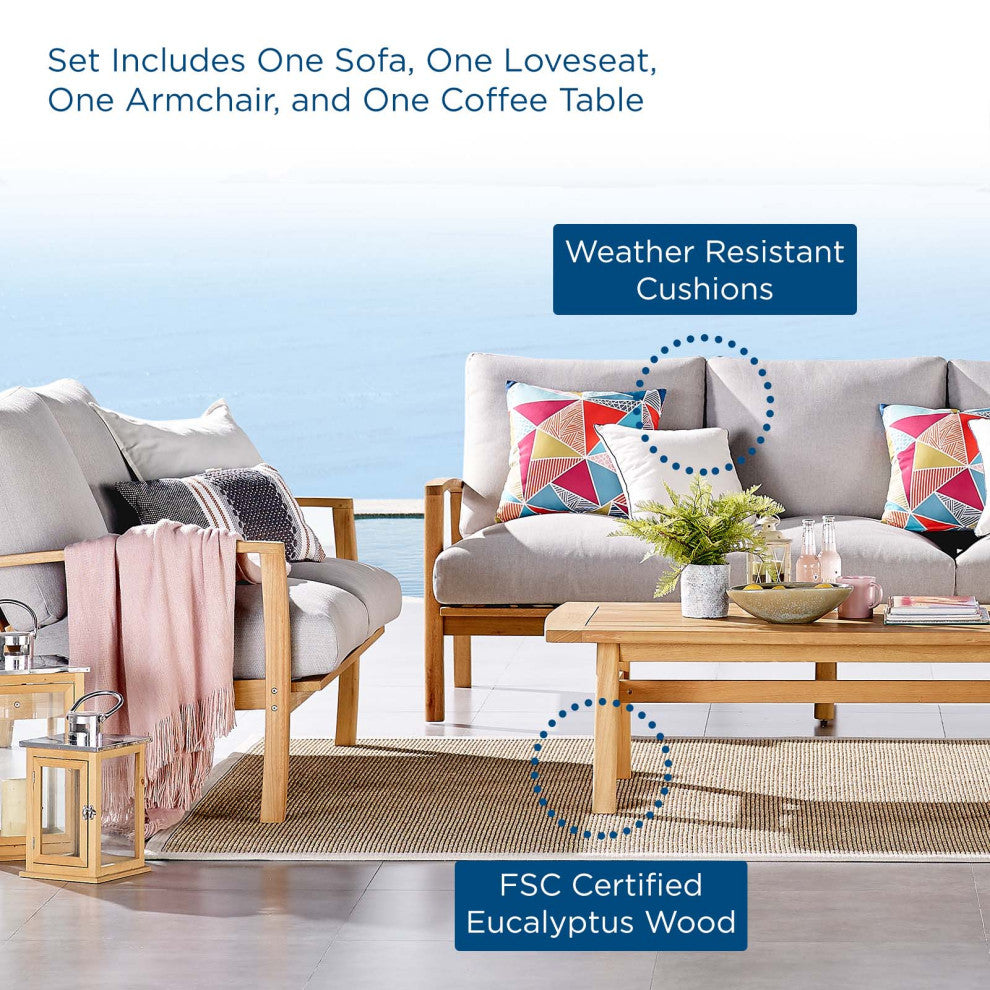 Lounge Sectional Sofa Chair Set, Wood, Brown Natural Gray, Modern, Outdoor