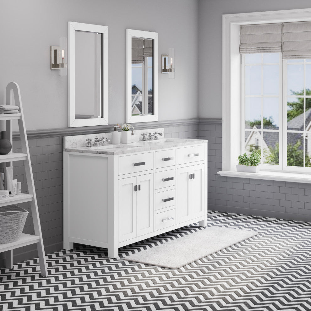 Madison Pure White Bathroom Vanity, 60", Two Mirrors, Two Faucets