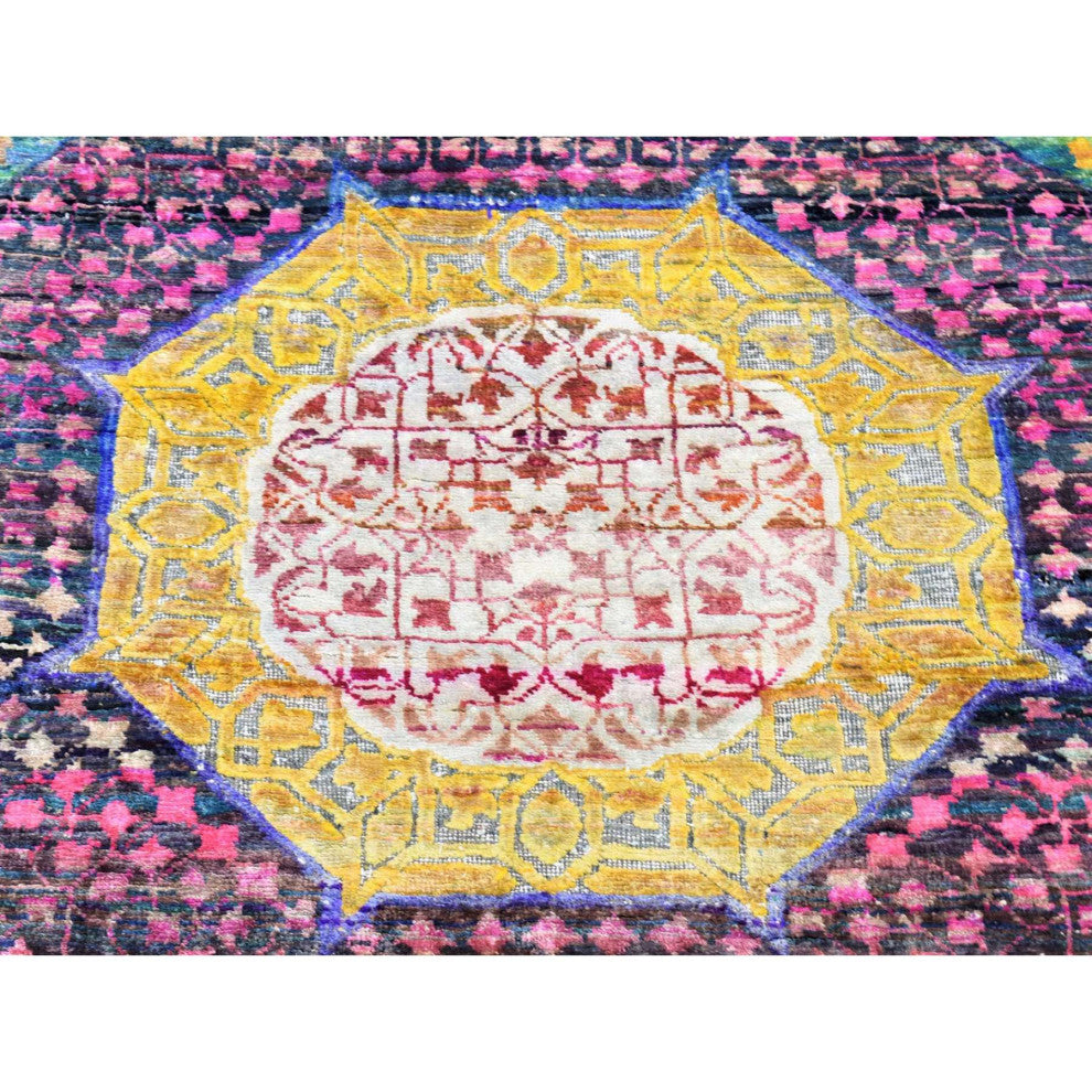 Lime Green Mamluk Design Silk With Wool Hand Knotted XL Runner Rug, 3'1"x17'9"
