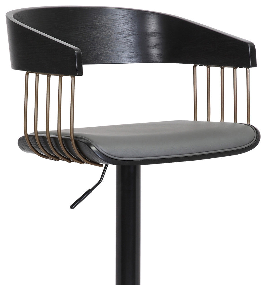 Larisa Adjustable Black Wood Bar Stool Gray Faux Leather Bronze and Black Metal