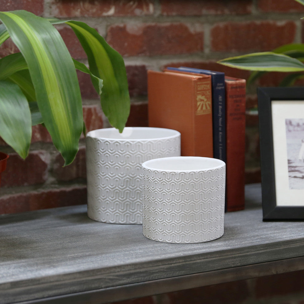 2-Piece Cylindrical Decorative Pot Set With Embossed Lattice Wave Design
