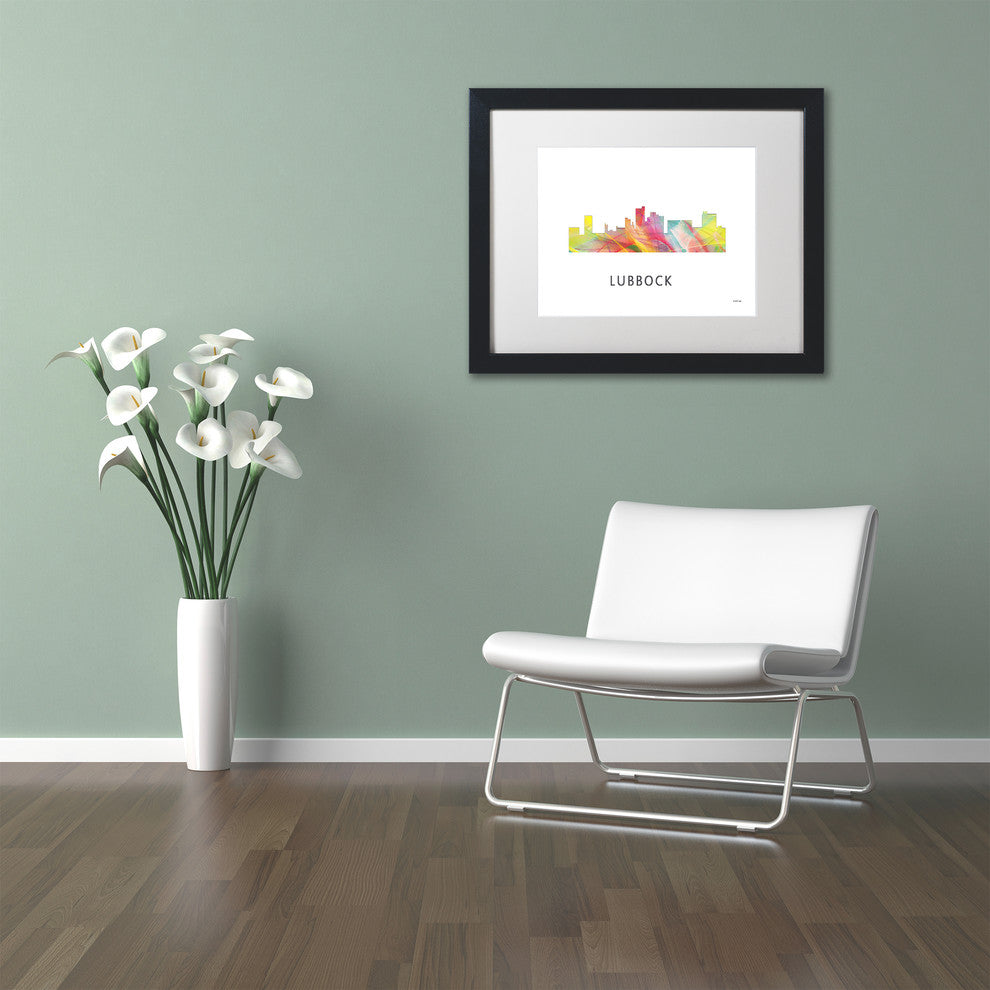 'Lubbock Texas Skyline Wb-1' Matted Framed Art, Black Frame, White Matte, 14x11