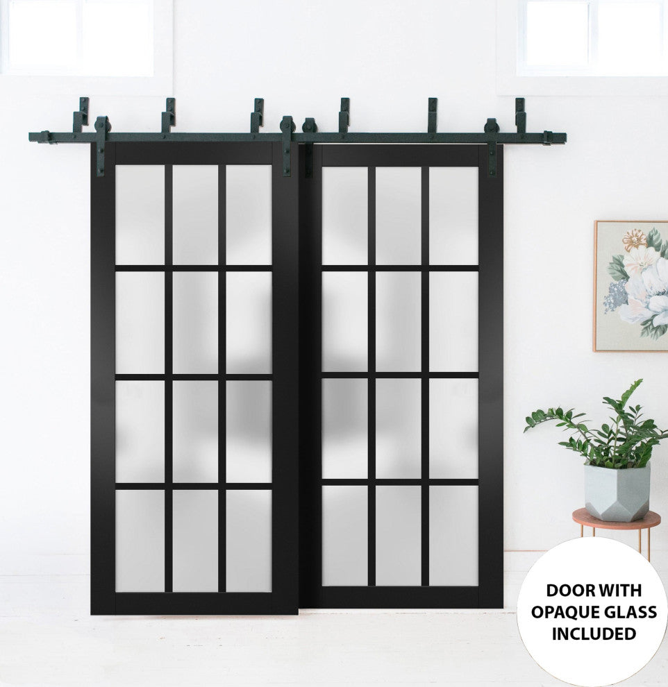 Barn Bypass Doors 56 x 96, Felicia 3312 Black Frosted Glass, 6.6' Rail