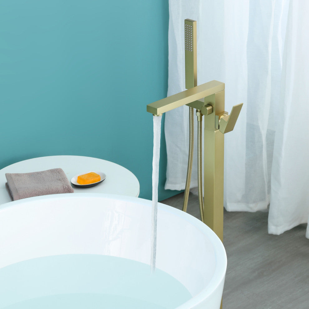 Wellfor Waterfall Floor Mounted Tub Faucet With Hand Held Shower, Brushed Gold