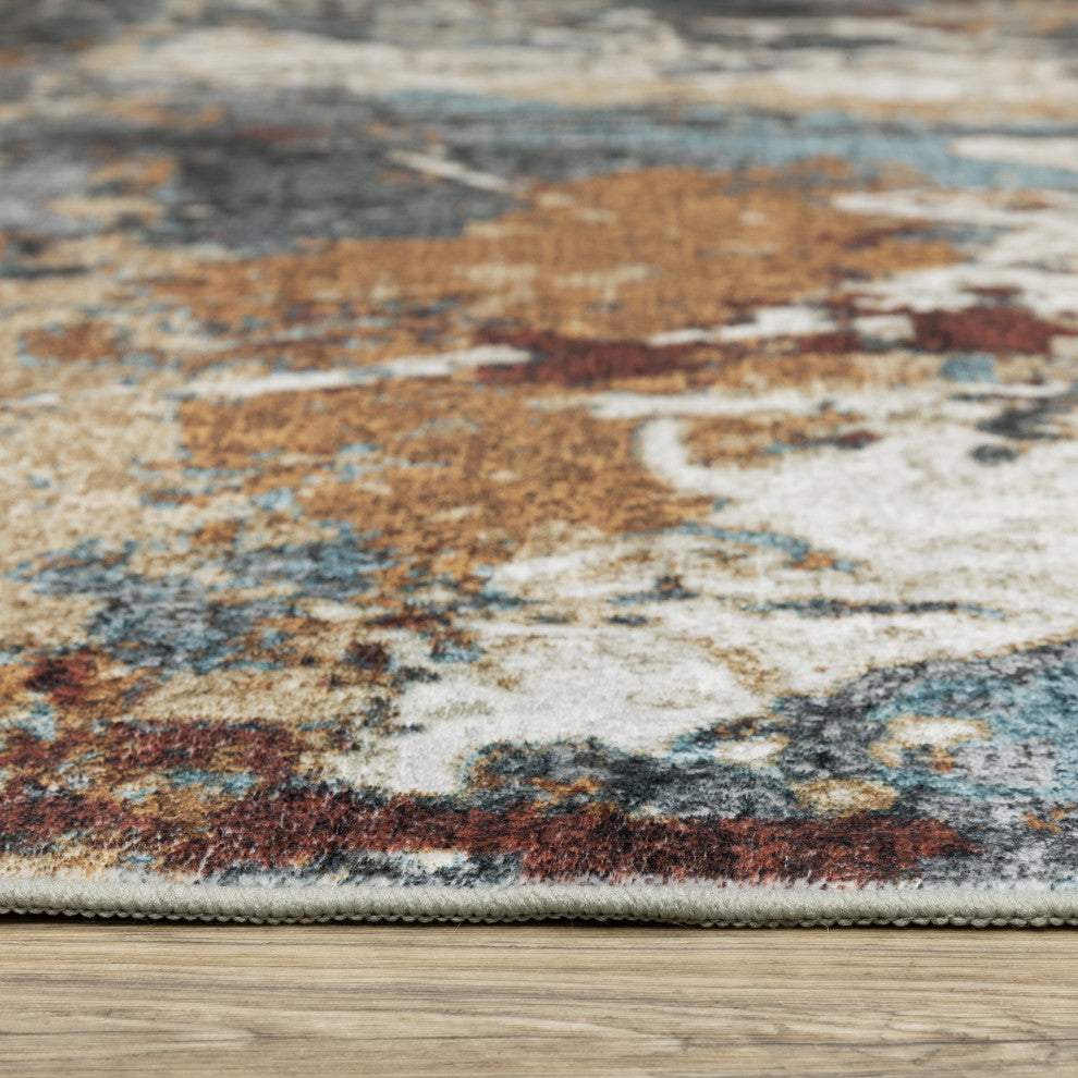 Sasha Abstract Earth Machine Washable Rust/Blue Area Rug Mat 2' x 3'