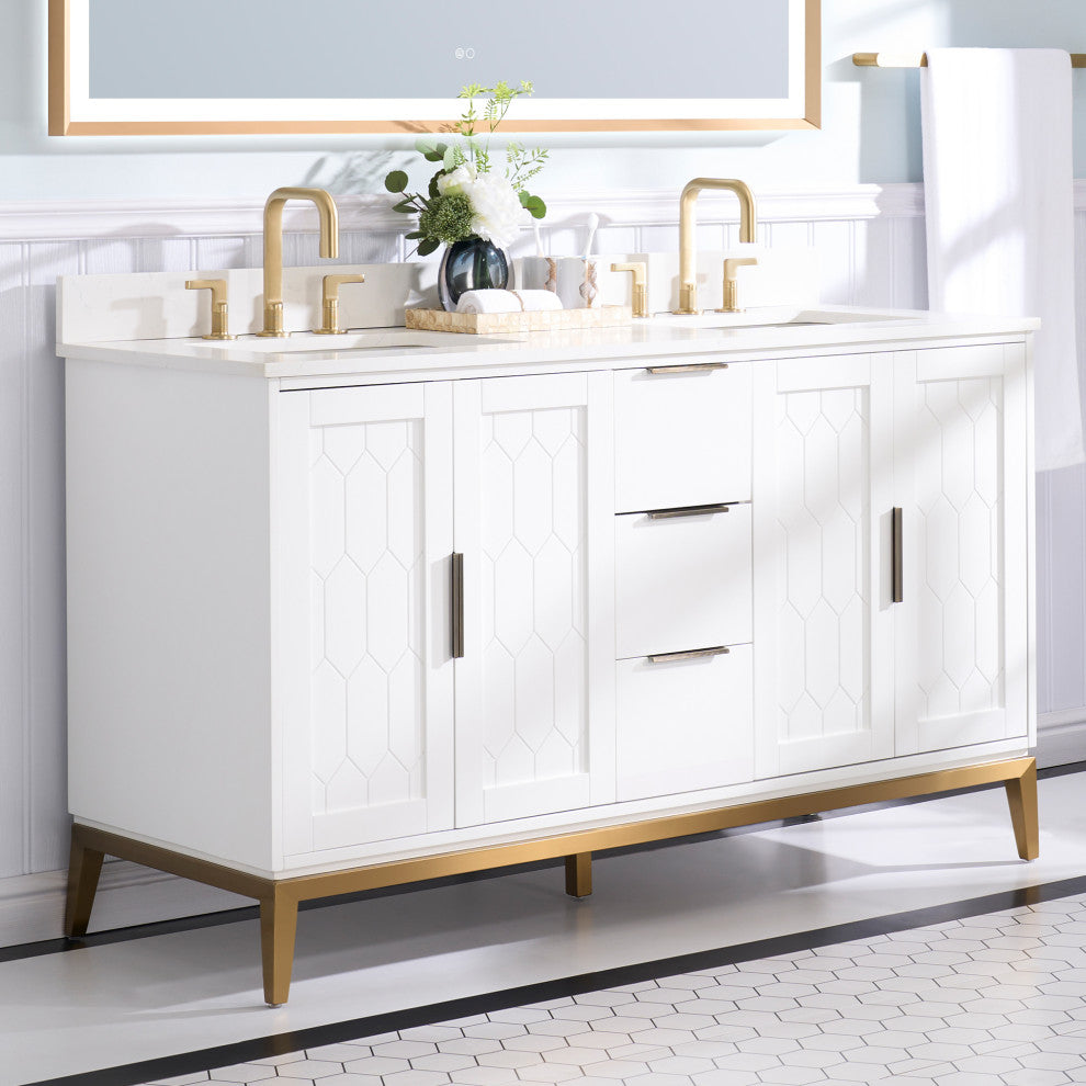 Alison Freestanding Bathroom Vanity with Italian Carrara White Marble Top, White, 60"