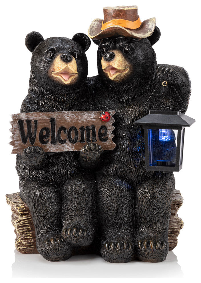15" Tall Outdoor Bear Couple with Lantern and Welcome Sign Statue with Solar LED