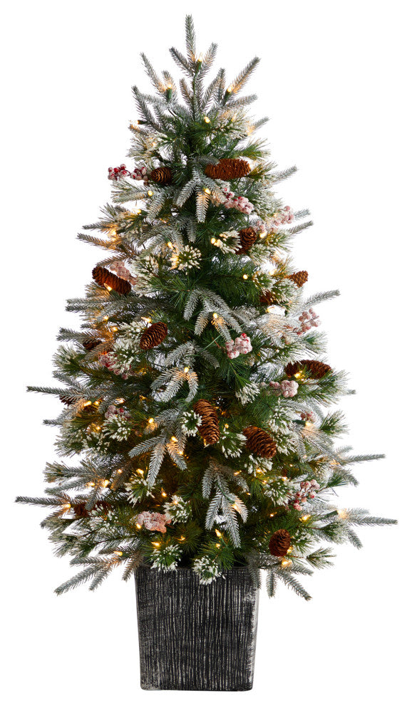 4' Frosted Faux Xmas Tree Pre-Lit With 105 lights & Berries, Decorative Planter