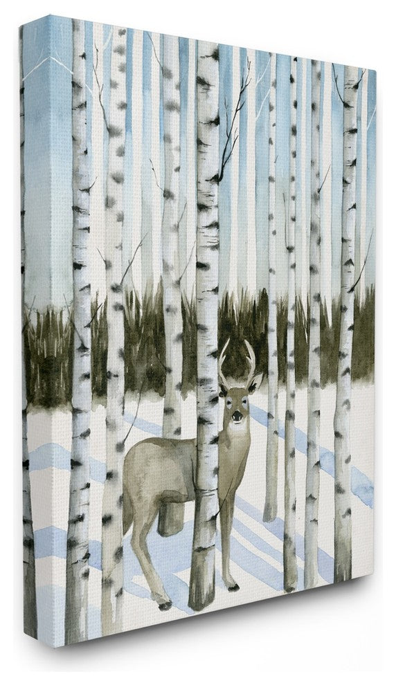 Deer In Snow & Birch Trees Watercolor XXL Stretched Canvas Wall Art, 30"x40"