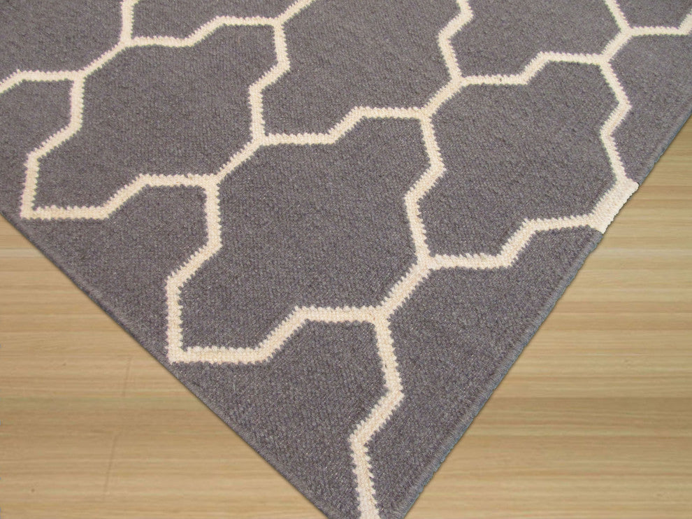Handmade Wool Gray Transitional Trellis Reversible Modern Moroccan Kilim Rug, 8'x10'