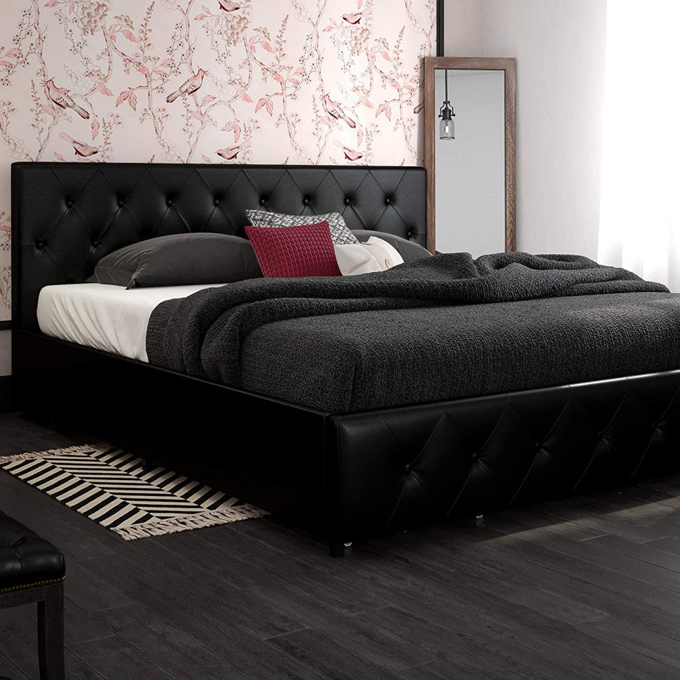 Upholstered Faux Leather Platform Bed with Storage Drawers - King Size