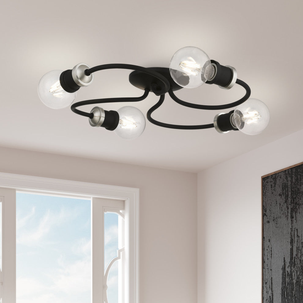 Bromley 4 Light Black With Brushed Nickel Accents Large Flush Mount