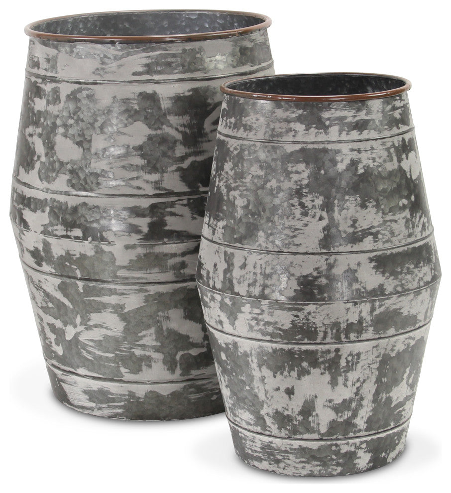 Galvanized Barrel Planters, Set of 2
