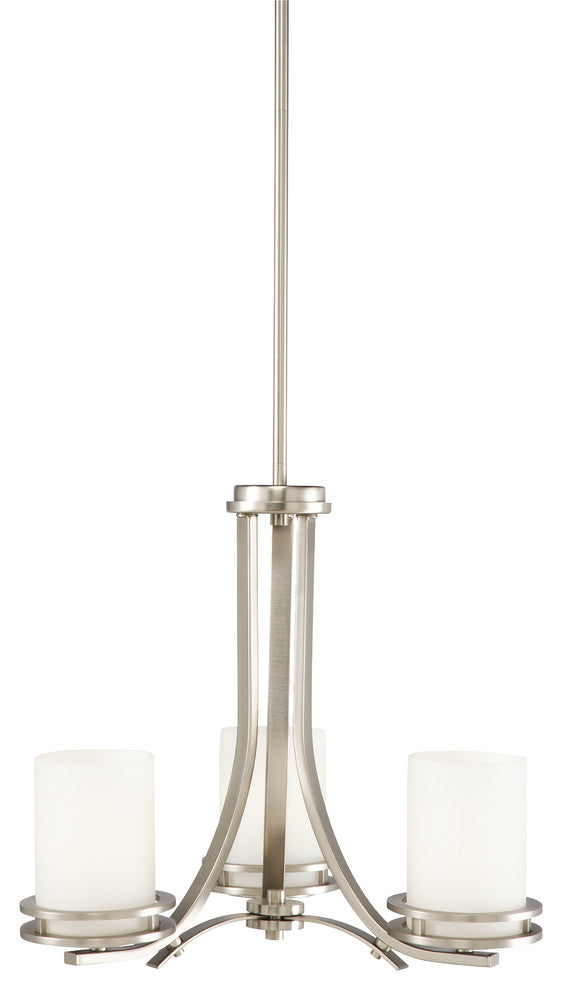 Chandelier 3-Light, Brushed Nickel/Satin Etched Cased Opal Glass