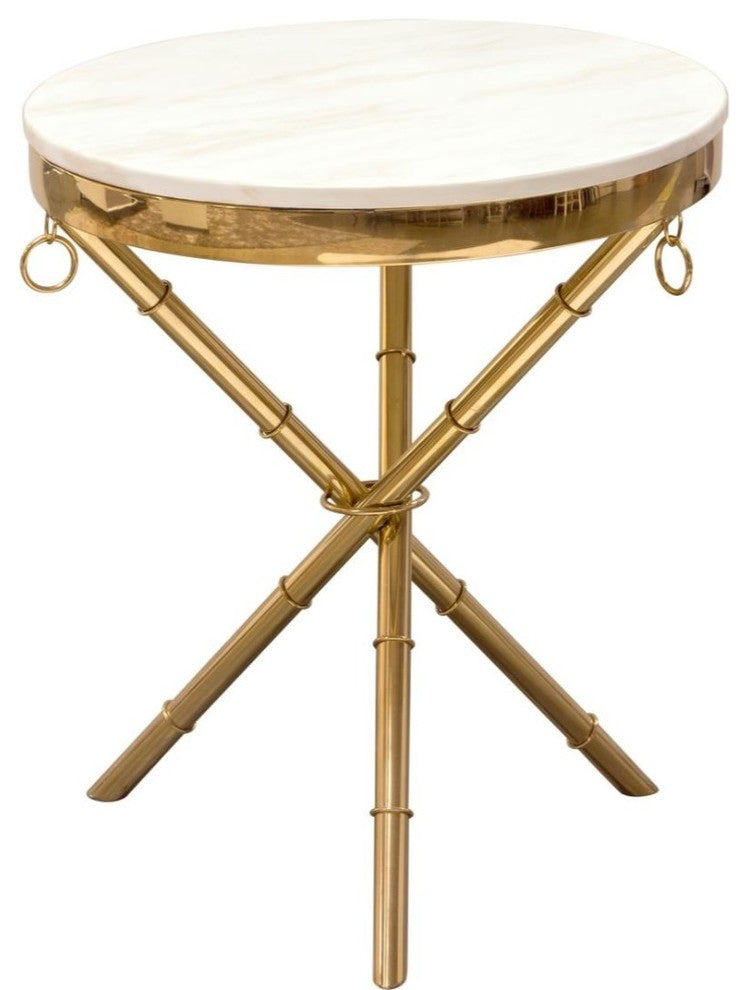 Marble Top Accent Table with Stainless Steel Crossed Legs, White  and Gold