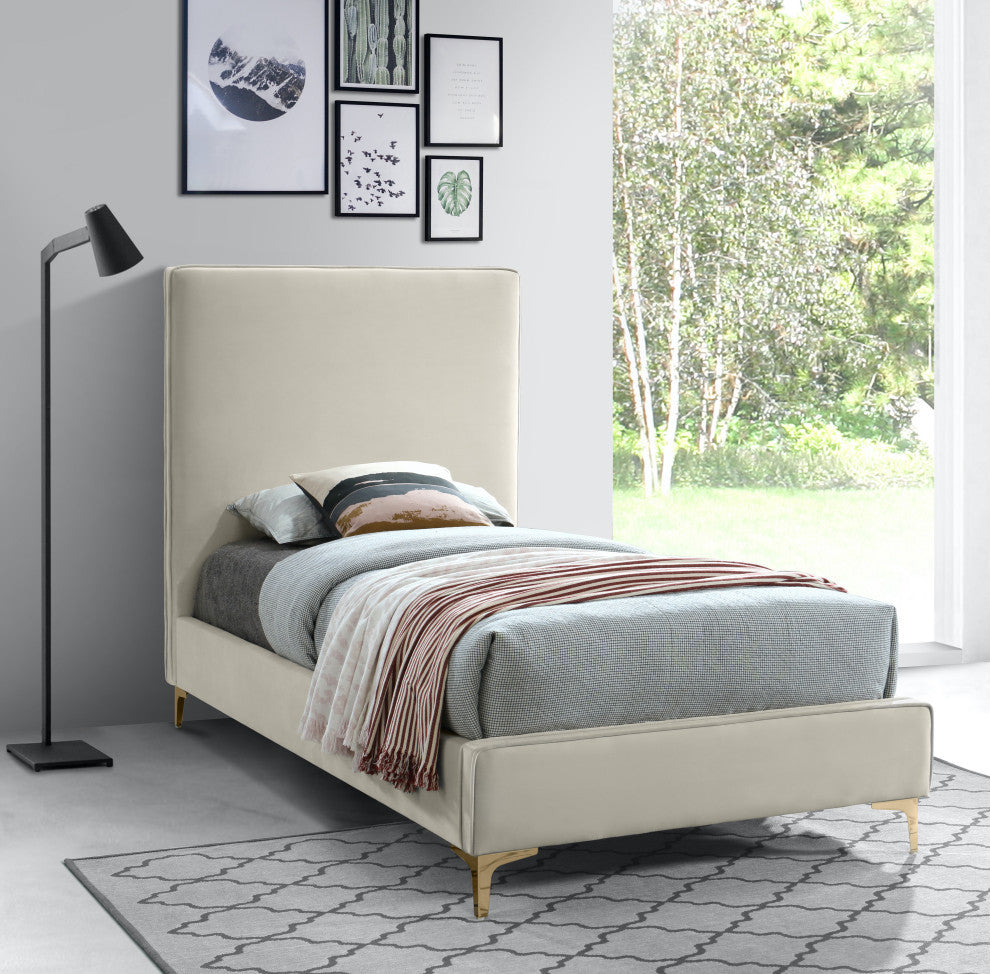 Geri Velvet Upholstered Bed, Cream, Twin