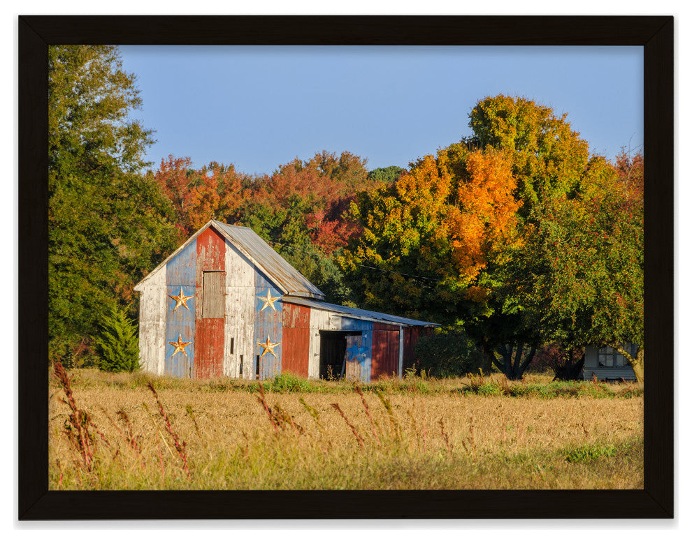 Patriotic Barn in Field Rural Landscape Framed Photo Paper Wall Art Prints, Black, 8" X 10"