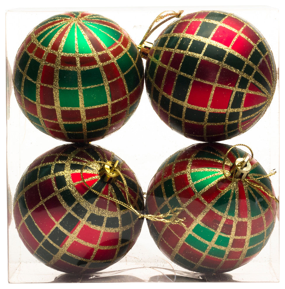80Mm 3" Green, Red And Gold Plaid Ball Ornament, 4 Pack
