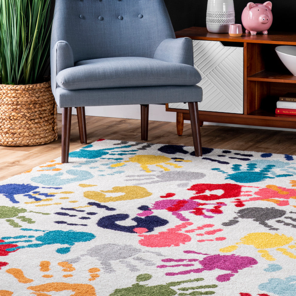 Nuloom Machine Made Contemporary Kids Handprint Collage Rug, Multicolor 6'7"x9'