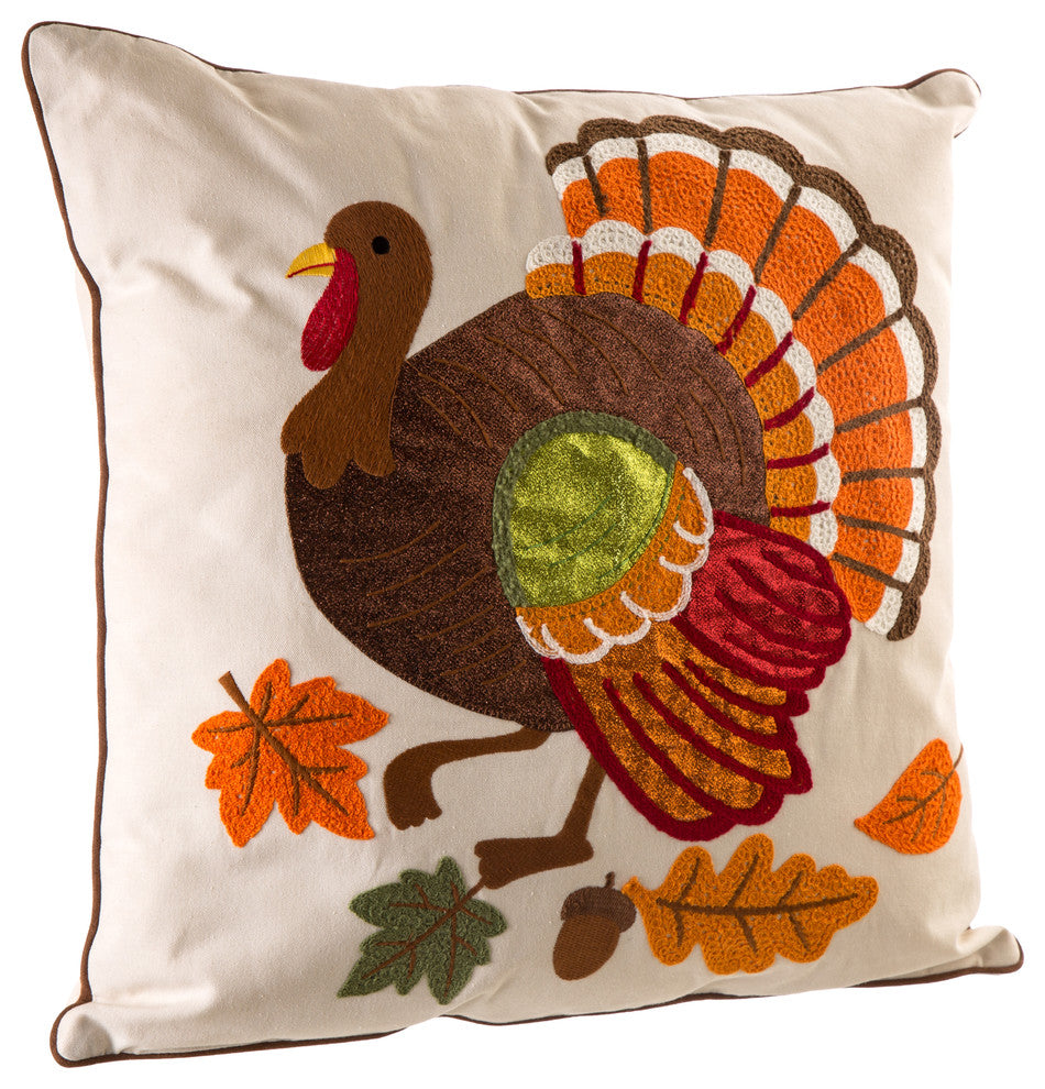 18" x 18" Cotton Embroidered Turkey Pillow Cover