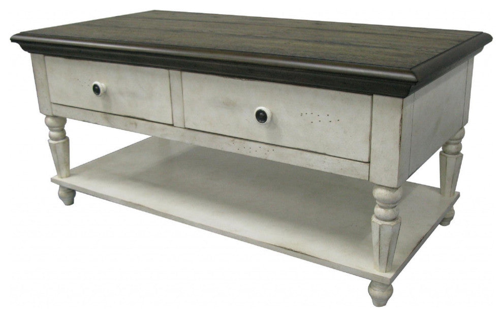 44" Distressed Vintage Cream and Brown Wood Coffee Table