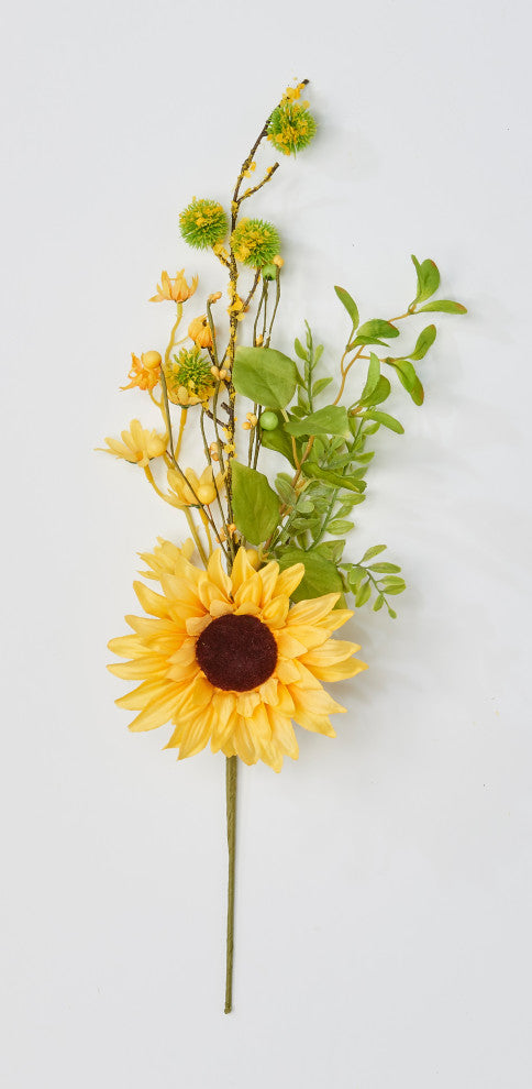20" Sunflower And Green Leaves Spray, Set Of 3