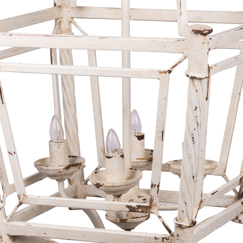 Benzara BM285215 Chandelier, Birdcage Design Iron, Farmhouse Weathered White