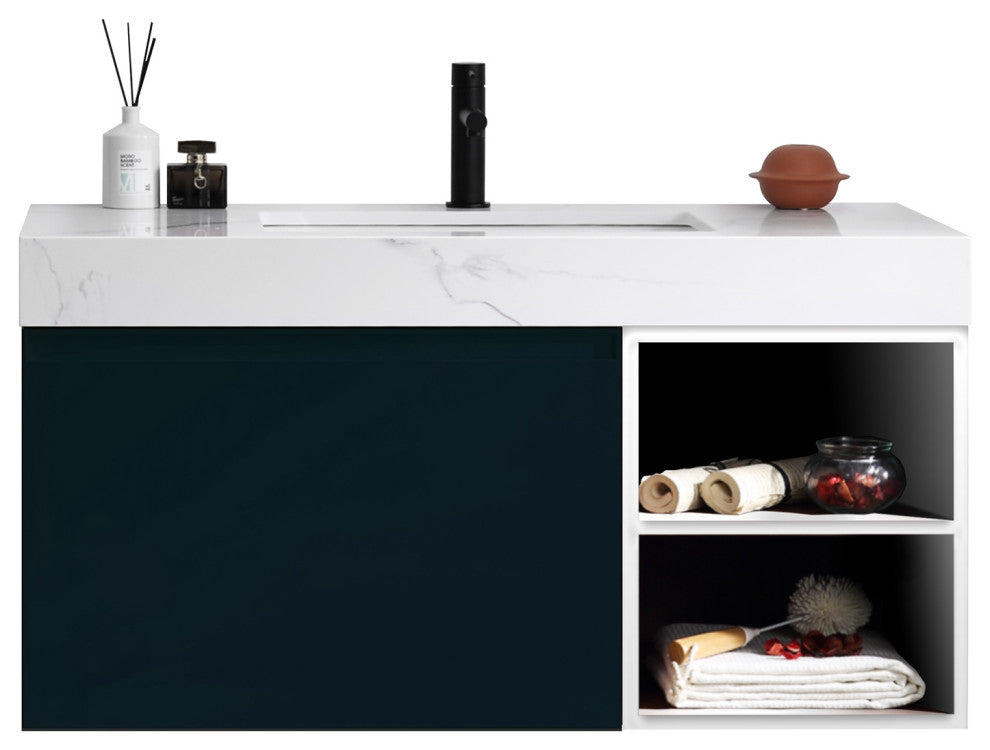 Manarola Matte Black with Thick Quartz Wall Mount Vanity, Open Shelf, 42"