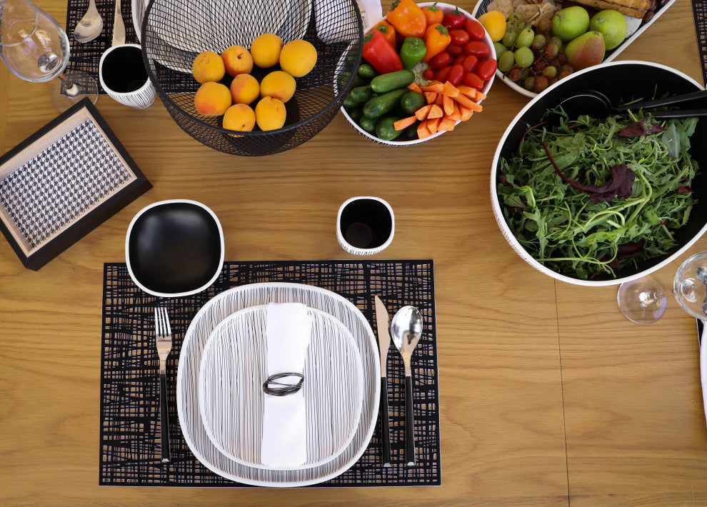 Black and White Dinnerware set, Black With White Lines, Small Oval Serving Bowl