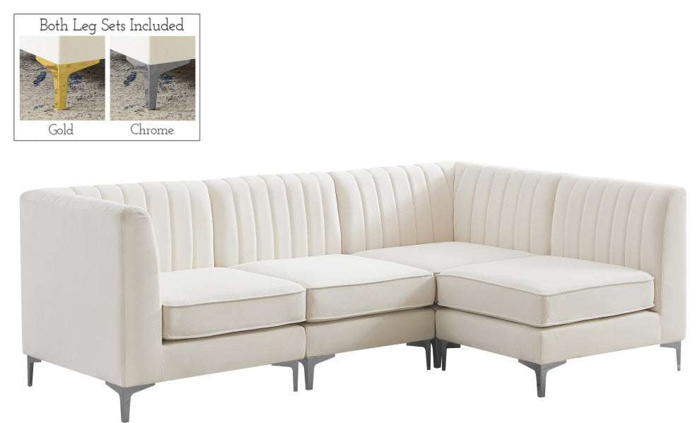 Alina Velvet Modular L-Shaped Modular Sectional, Cream, 4-Piece: 2 Armless Chair, 2 Corner Chair