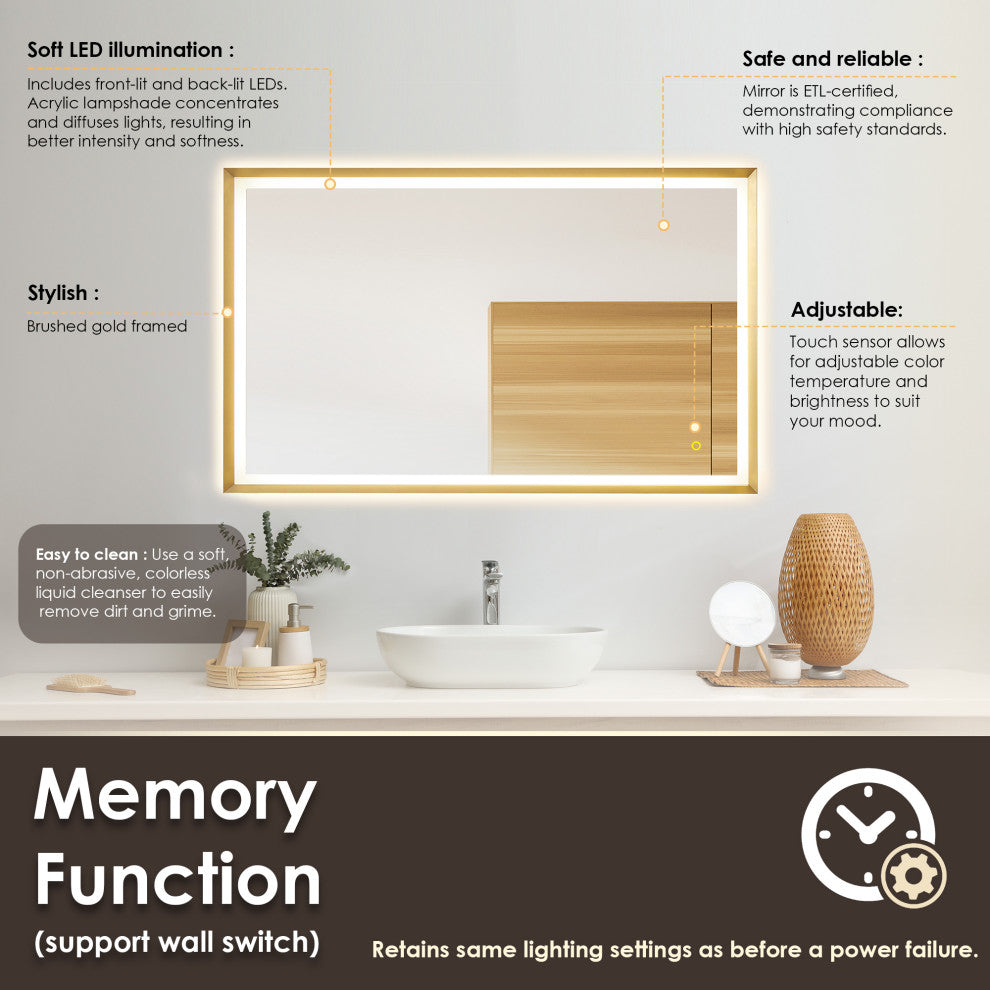 Apollo Anti-Fog Dimmable Vanity, LED Lighted Wall Mirror, Brushed Gold, 48"