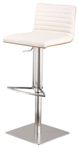 Cafe Adjustable PU Bar Stool With Walnut Back, Seat: White, Base: Brushed Stainless Steel