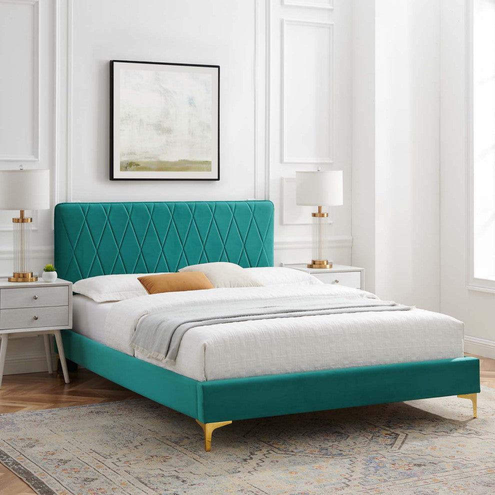 Platform Bed Frame, King Size, Velvet, Teal Blue, Modern Contemporary, Bedroom