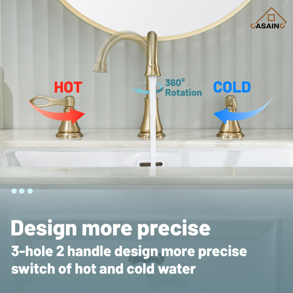 8in Brass Bathroom Sink Faucet 3 Hole Gold Bathroom Faucet 2 Handle Gold Faucet, Brushed Gold