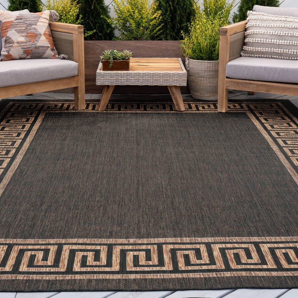 Giovanna Transitional Greek Key Black/Gold Indoor/Outdoor Area Rug, 5'x7'