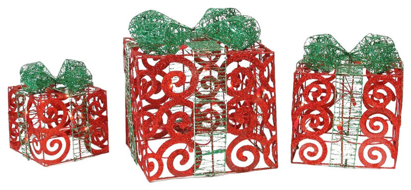 Swirl Gift Boxes Christmas Decorations, 3-Piece Set, Red