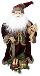 24" Standing Santa In Long Burgundy Robe Holding a Teddy Bear and Gift Bag