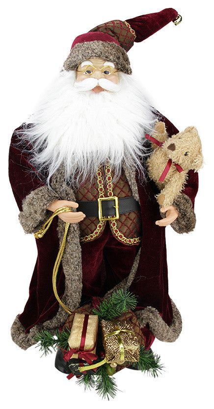 24" Standing Santa In Long Burgundy Robe Holding a Teddy Bear and Gift Bag