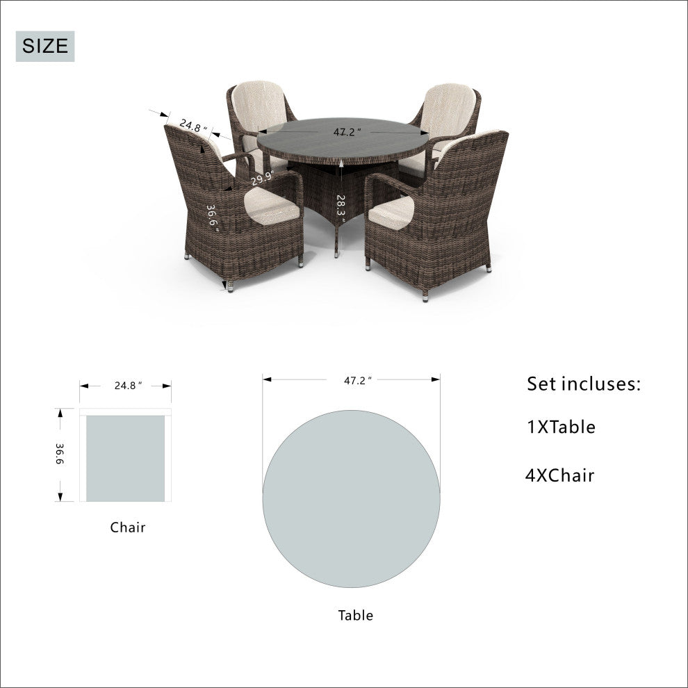 5-Piece Patio Wicker Round Table Dining Set with 4 Cushioned Armchairs