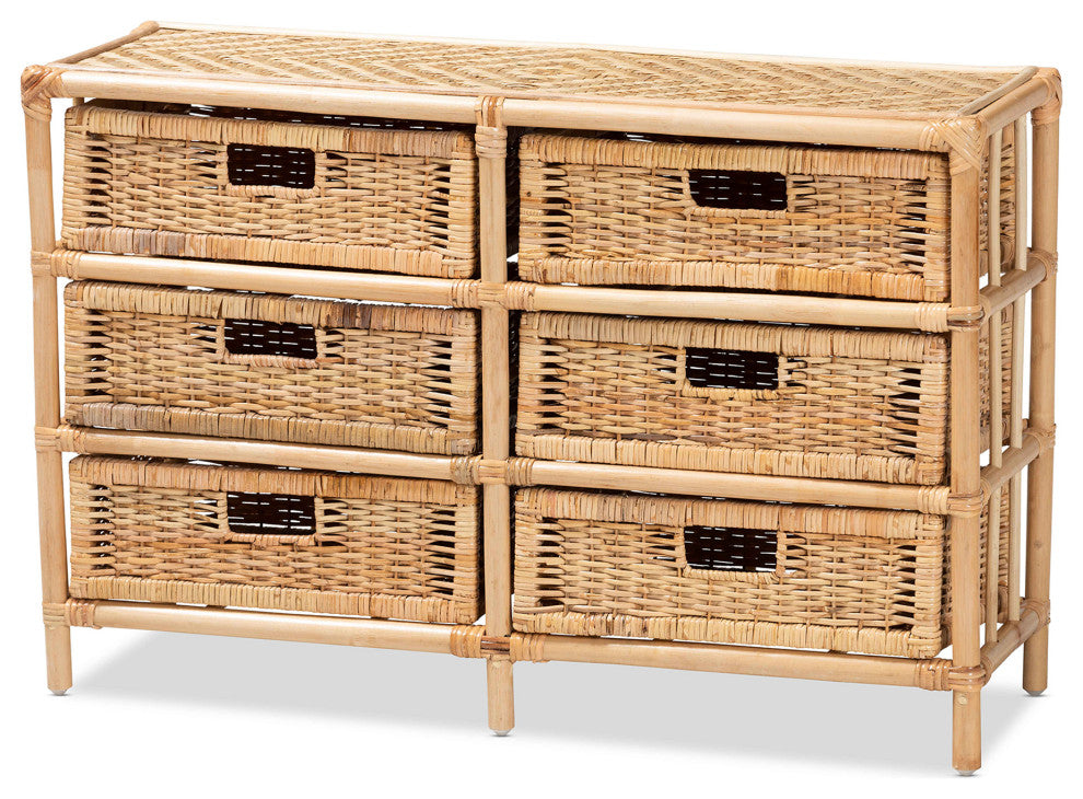 Dariana Modern Bohemian Natural Brown Rattan 6-Drawer Storage Cabinet