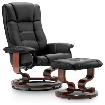Swivel Recliner Chair with Ottoman in Faux Leather and Padded Armrests, Black