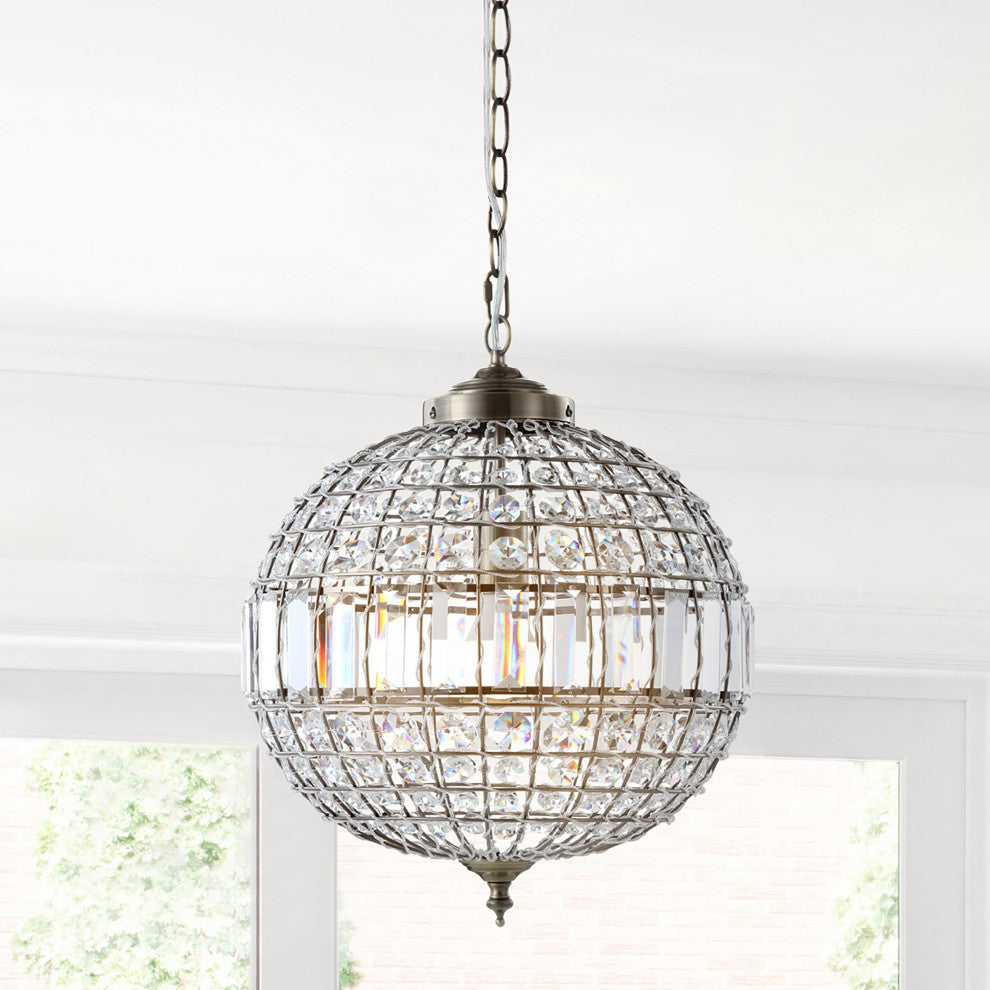 Georgina Crystal, Metal LED Chandelier Pendant, Antique Brass, 16"