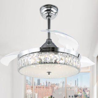 42" Decorative Crystal Drum Ceiling Fan with Light and Remote, Foldable Blade, Chrome, Neutral White (4000k)