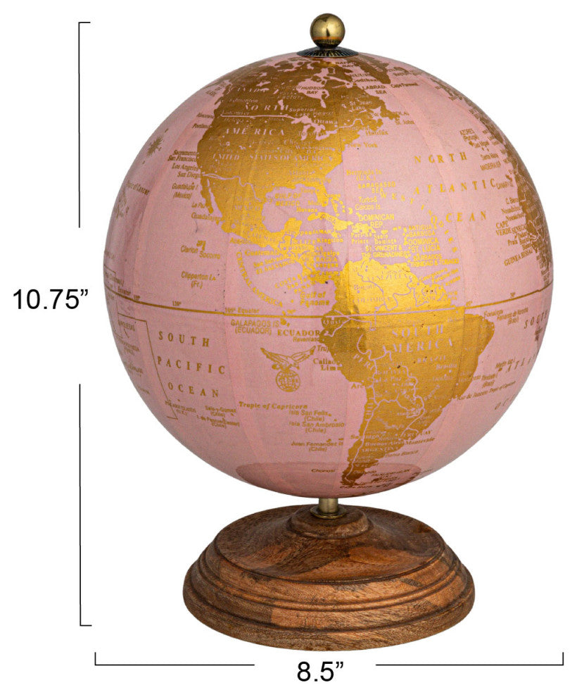 Metal and Plastic Globe on Mango Wood Stand, Pink, Gold, and Natural