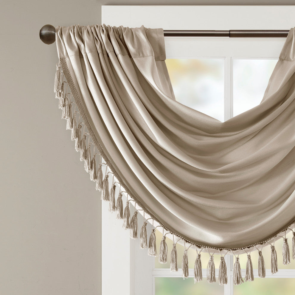 Madison Park Elena Silky Sheer Window Valance with Tassels, Bronze, Champagne
