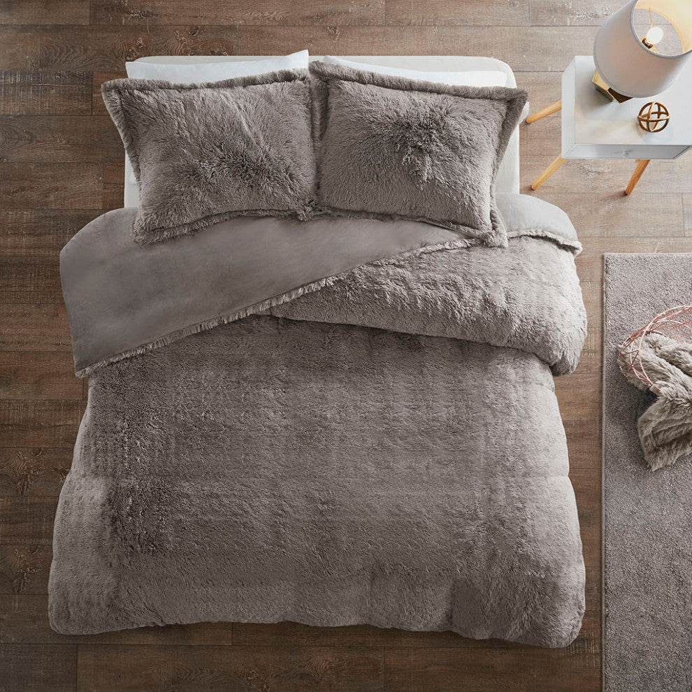 Intelligent Design Malea Shaggy Fur Duvet Cover Set, Grey