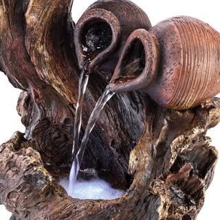 Alpine Two Jars on Tree Branch Tabletop Fountain With LED Light, 14" Tall